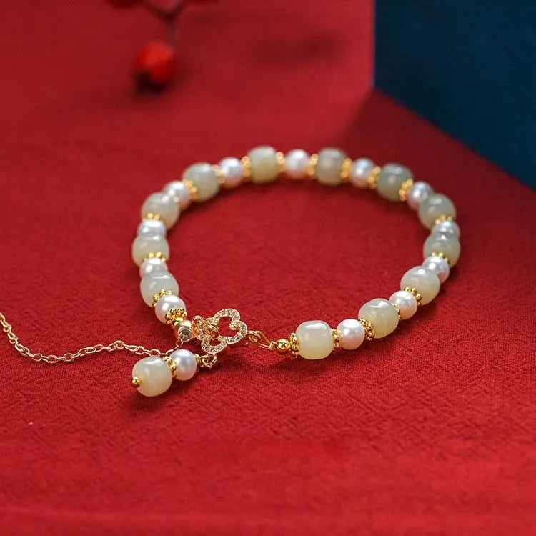 Women's Hetian jade bracelet with gold electroplated chain and pendant in Chinese style