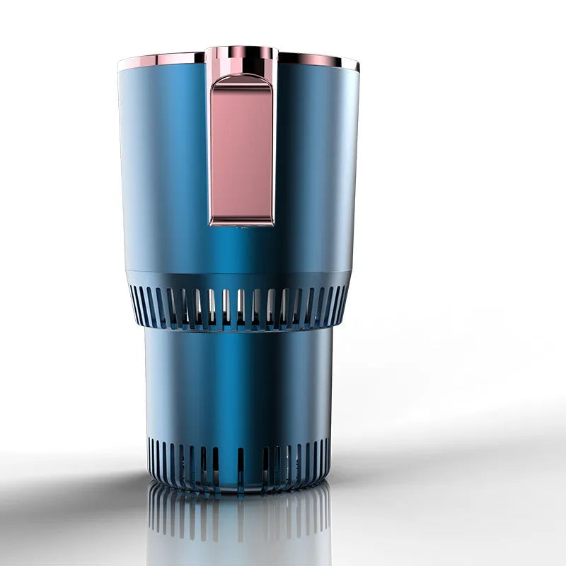 Black 12V car cup warmer and cooler with digital temperature display placed in a car cup holder.