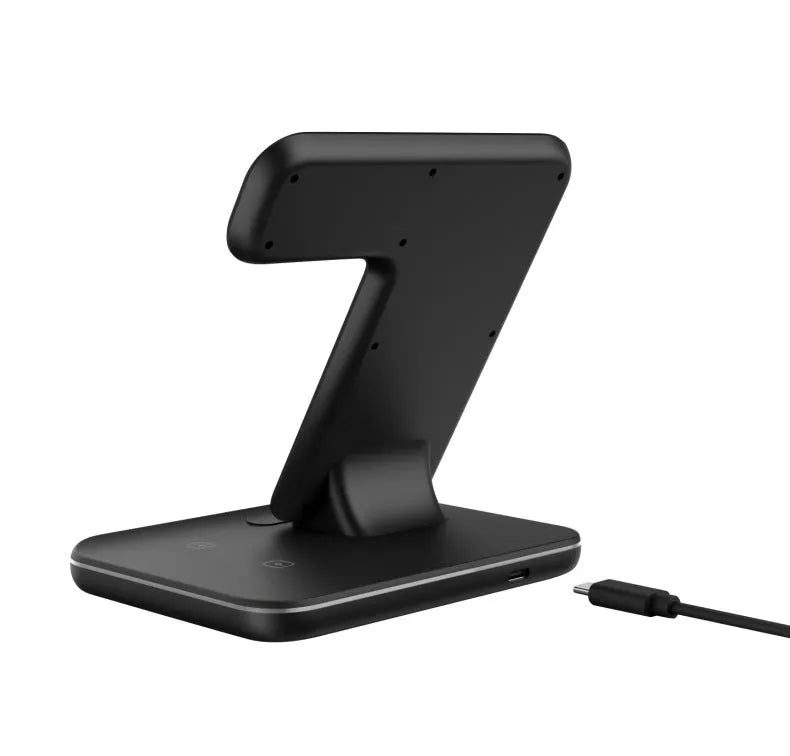 White three-in-one desktop wireless charging stand for mobile phone, smartwatch, and wireless earbuds.