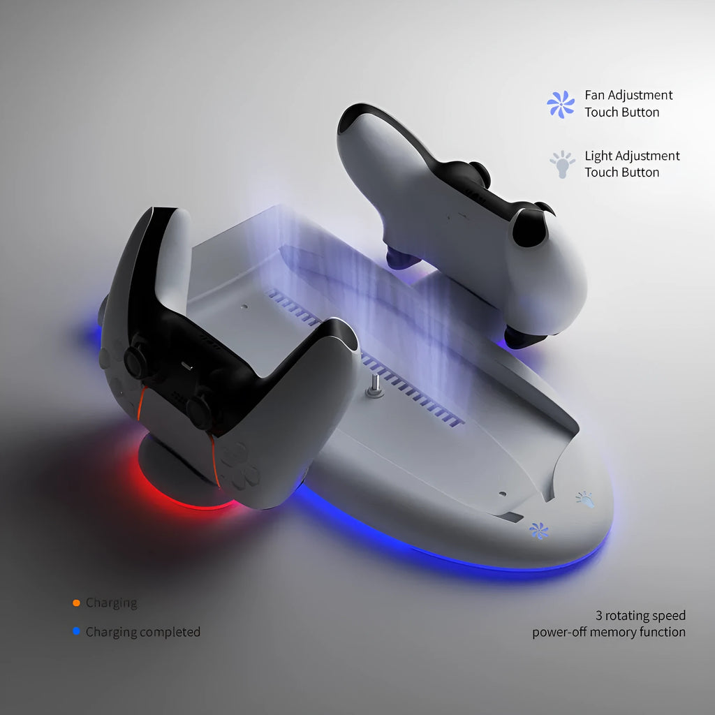 White PS5 Slim cooling and charging dock with RGB ambient lights and integrated fan.