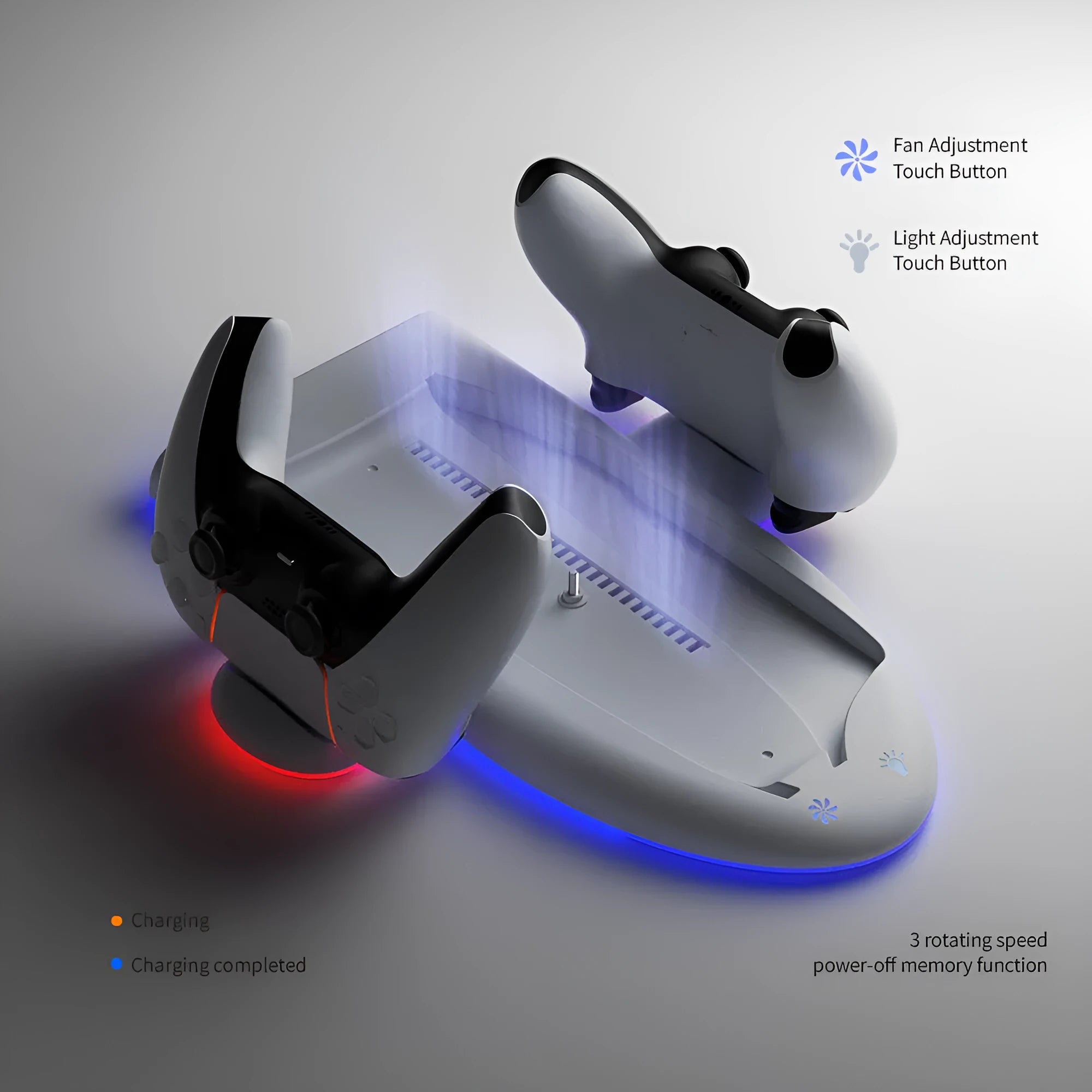 White PS5 Slim cooling and charging dock with RGB ambient lights and integrated fan.