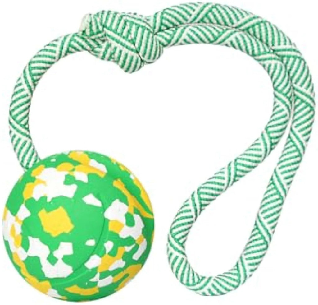 Natural rubber dog ball on nylon rope toy for medium and small dogs in two size options