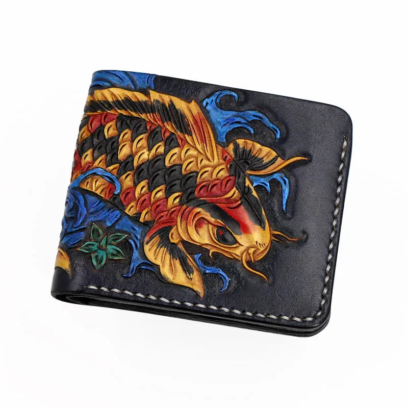Men's carved cow leather short wallet in red, shown open with compact dimensions.