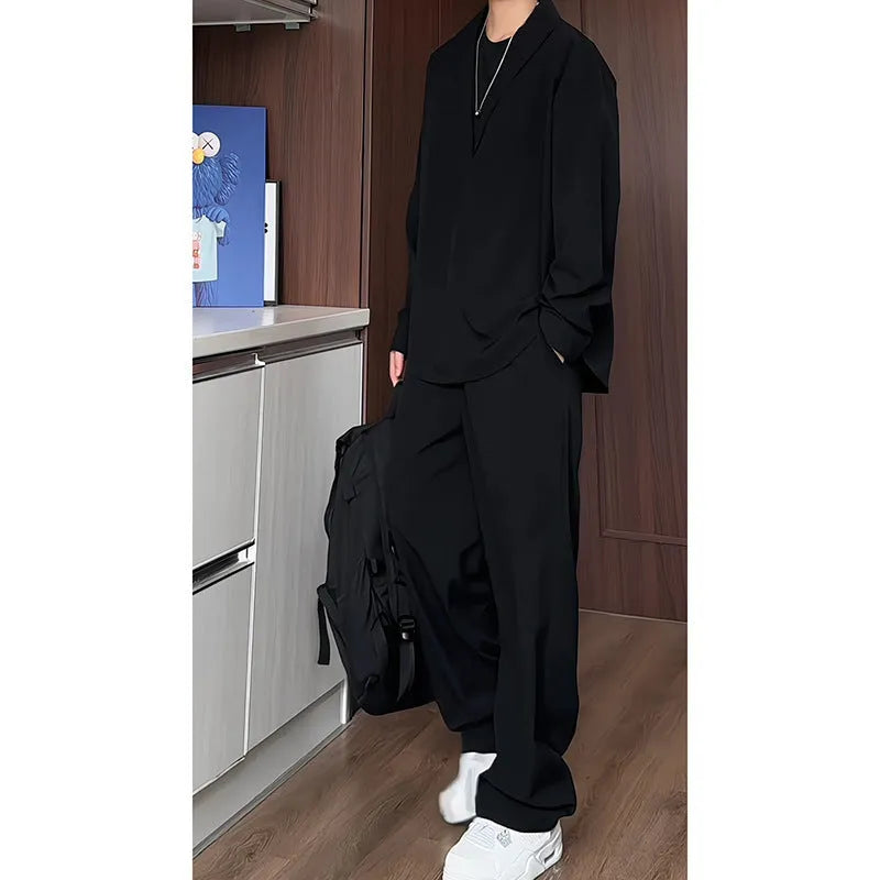Men's casual two-piece suit with long sleeve polo shirt and trousers in black or apricot colours