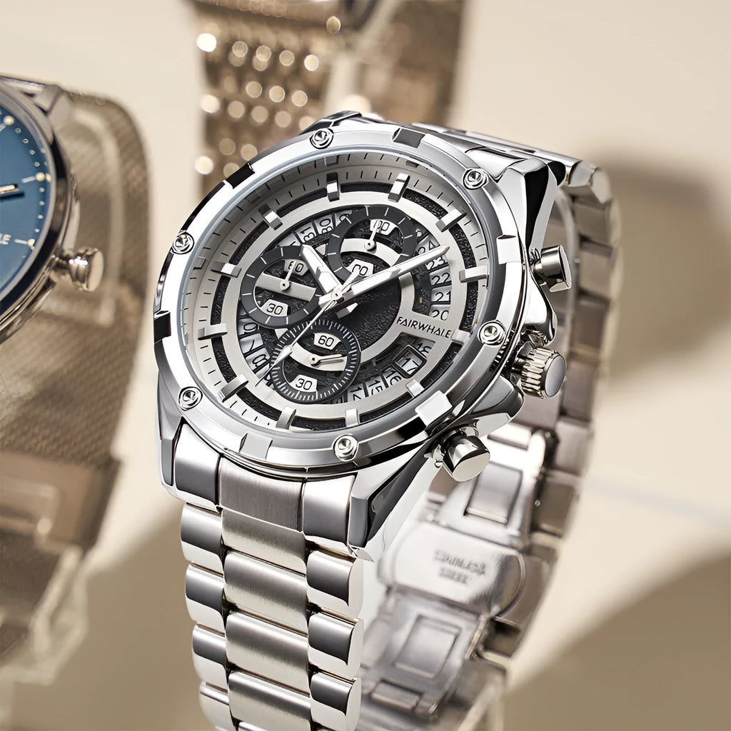 Men's waterproof luminous quartz watch with a steel belt, shown in black and blue colour variant.