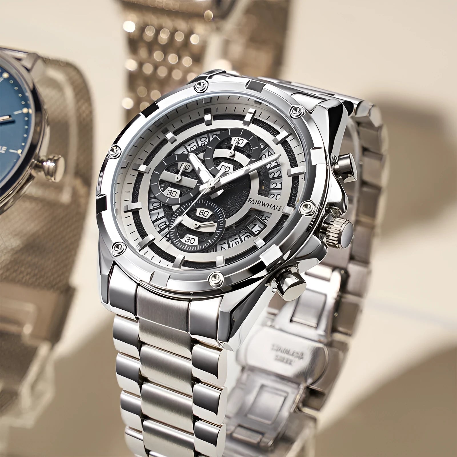 Men's waterproof luminous quartz watch with a steel belt, shown in black and blue colour variant.