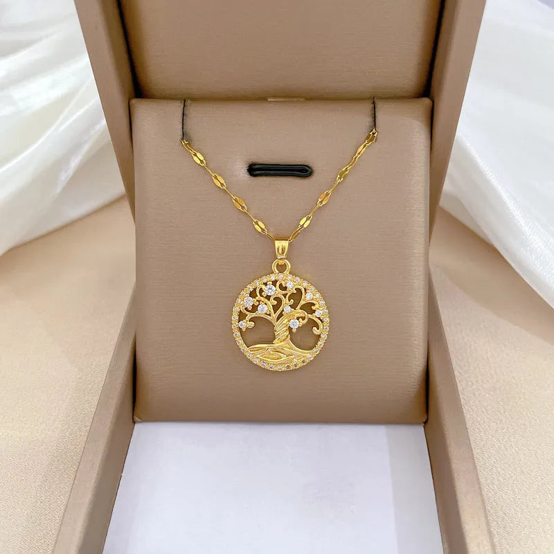 Gold-plated rhinestone and zircon cross necklace with a white mother-of-pearl pendant on a stainless steel chain.