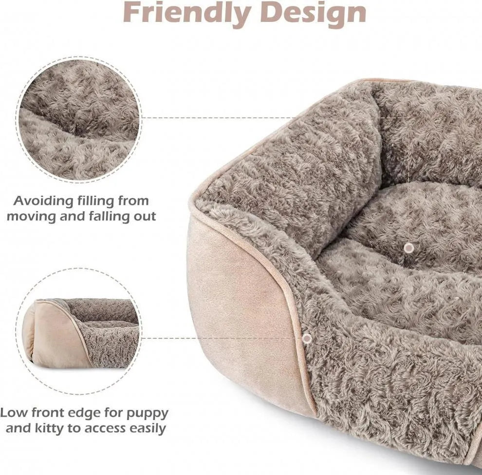 Beige stuffed kennel-style dog bed for a large golden retriever, showing plush nest design.