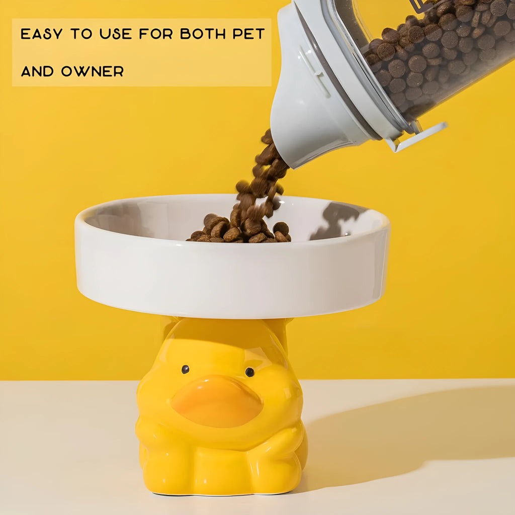 Ceramic raised cat bowl with animal design showing 12.5 cm height and 15 cm width