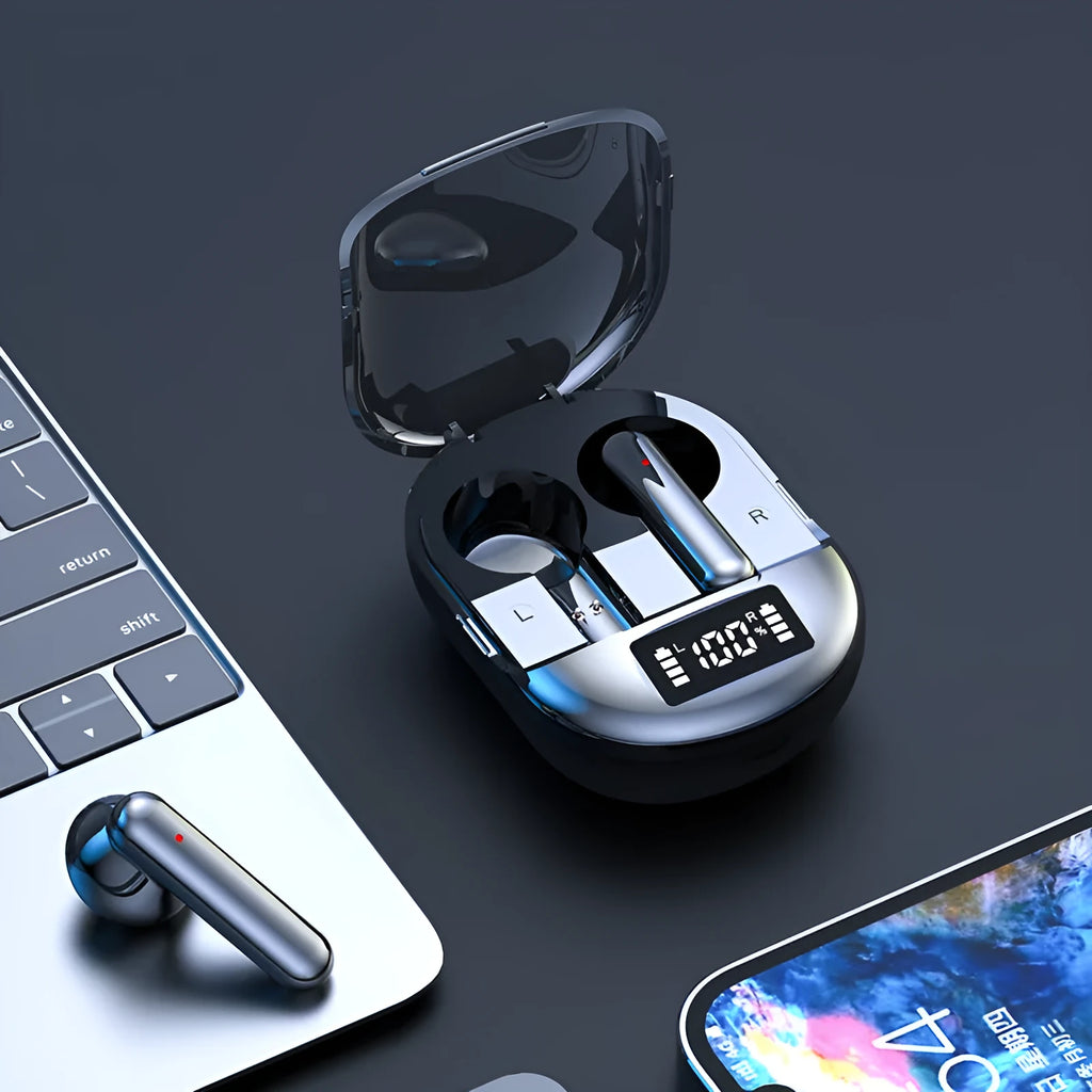 Black and white wireless Bluetooth headset with charging case showing digital display screen