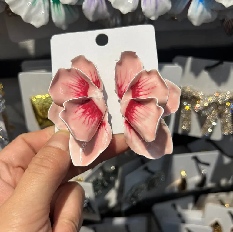 Pastoral style alloy flower stud earrings with electroplated oil-spot glaze finish in four colour options