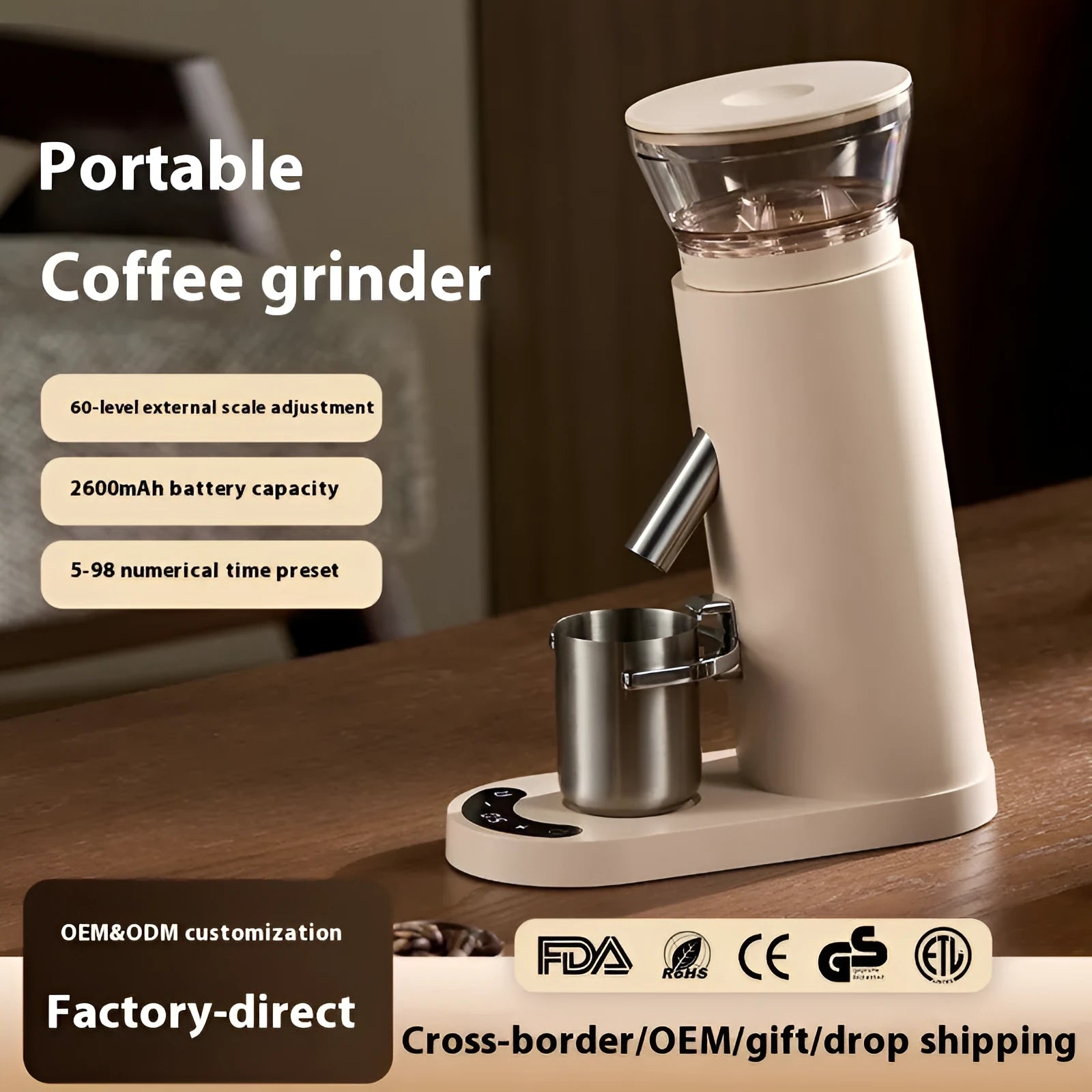 Portable automatic electric coffee grinder with stainless steel body in retro design