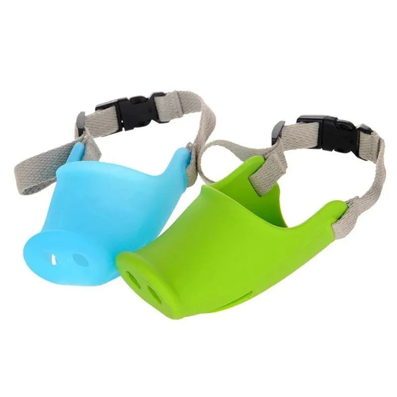 Blue silicone dog muzzle for long-mouthed breeds showing flexible construction