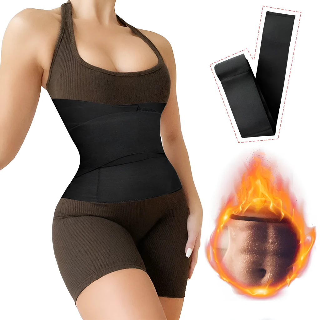 Black polyester waist training restraint belt for yoga body sculpting, 3 metre length shown on white background
