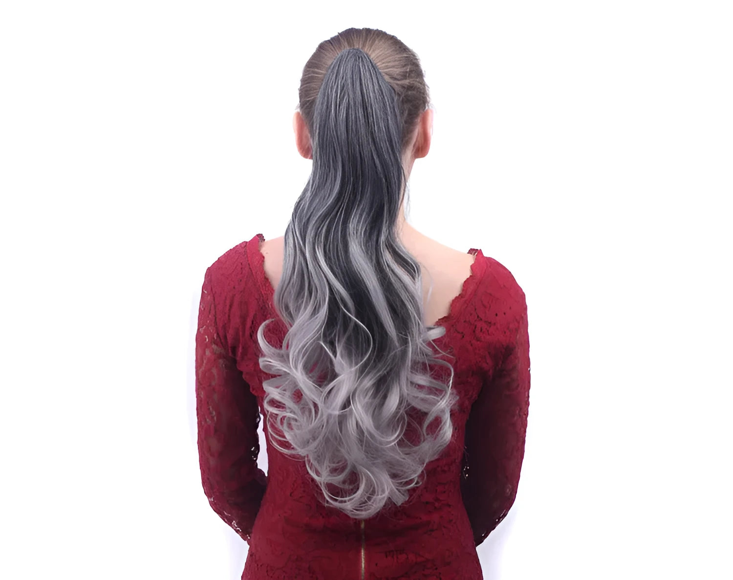 55cm colourful gradient clip ponytail wig in black deep granny grey for ladies, high temperature wire roll-style mechanism