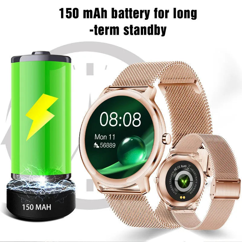 Women's smart watch with stainless steel band options including rose and silver mesh or solid bands
