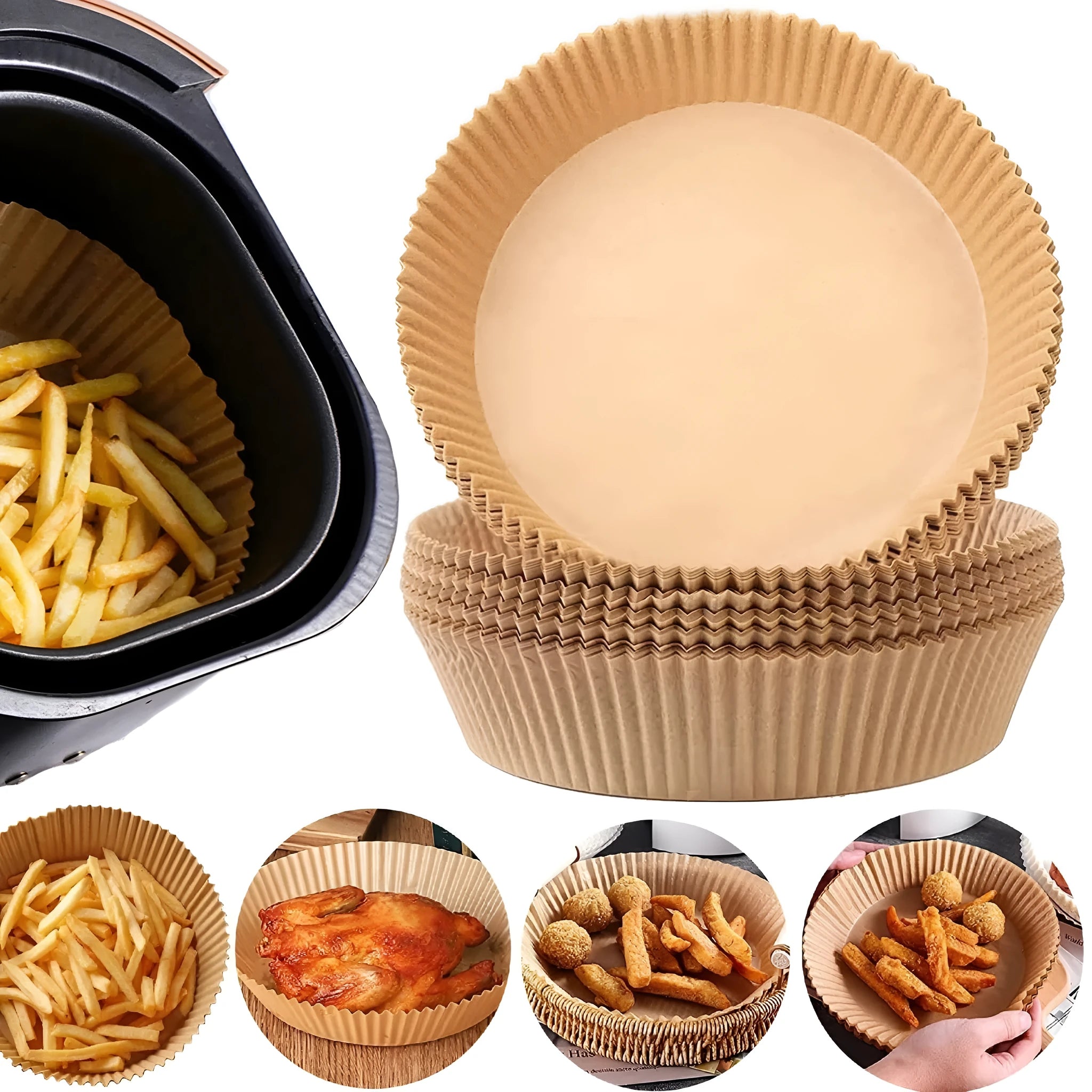 Round white disposable parchment paper liner for air fryer basket with raised edges.