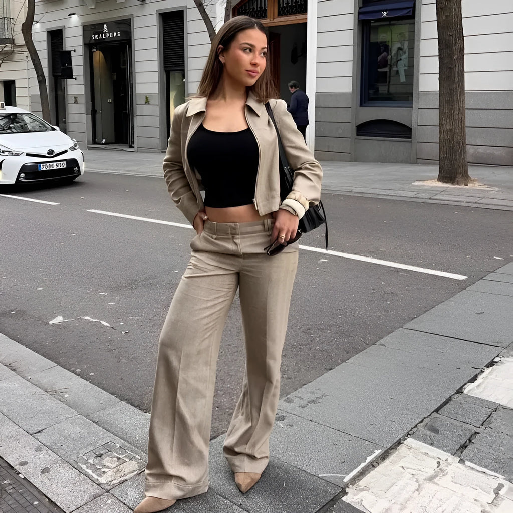 Women's summer suit set with 3D herringbone pattern embroidery on jacket and trousers
