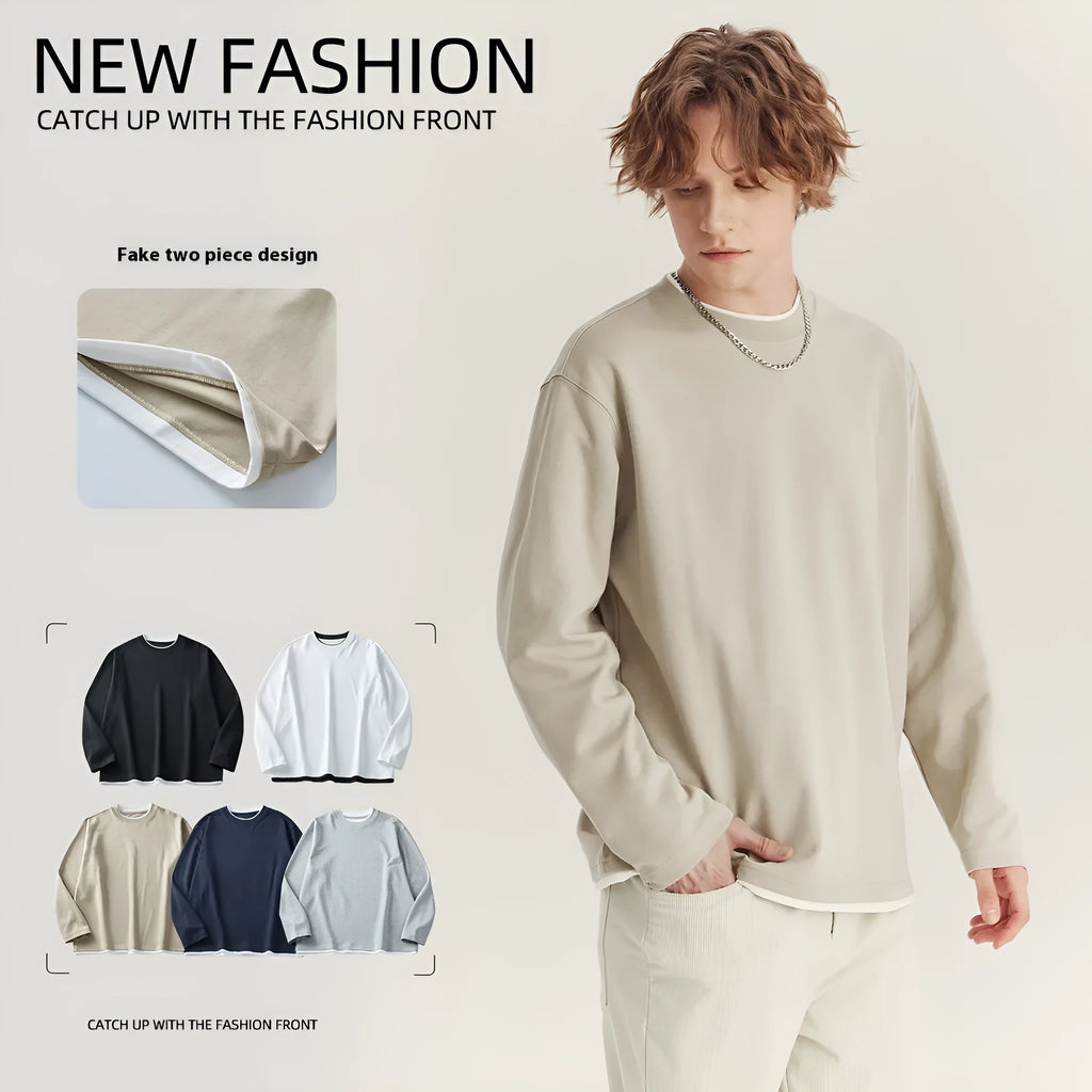Men's loose-fit long-sleeved casual T-shirt in a solid colour with a round neck.