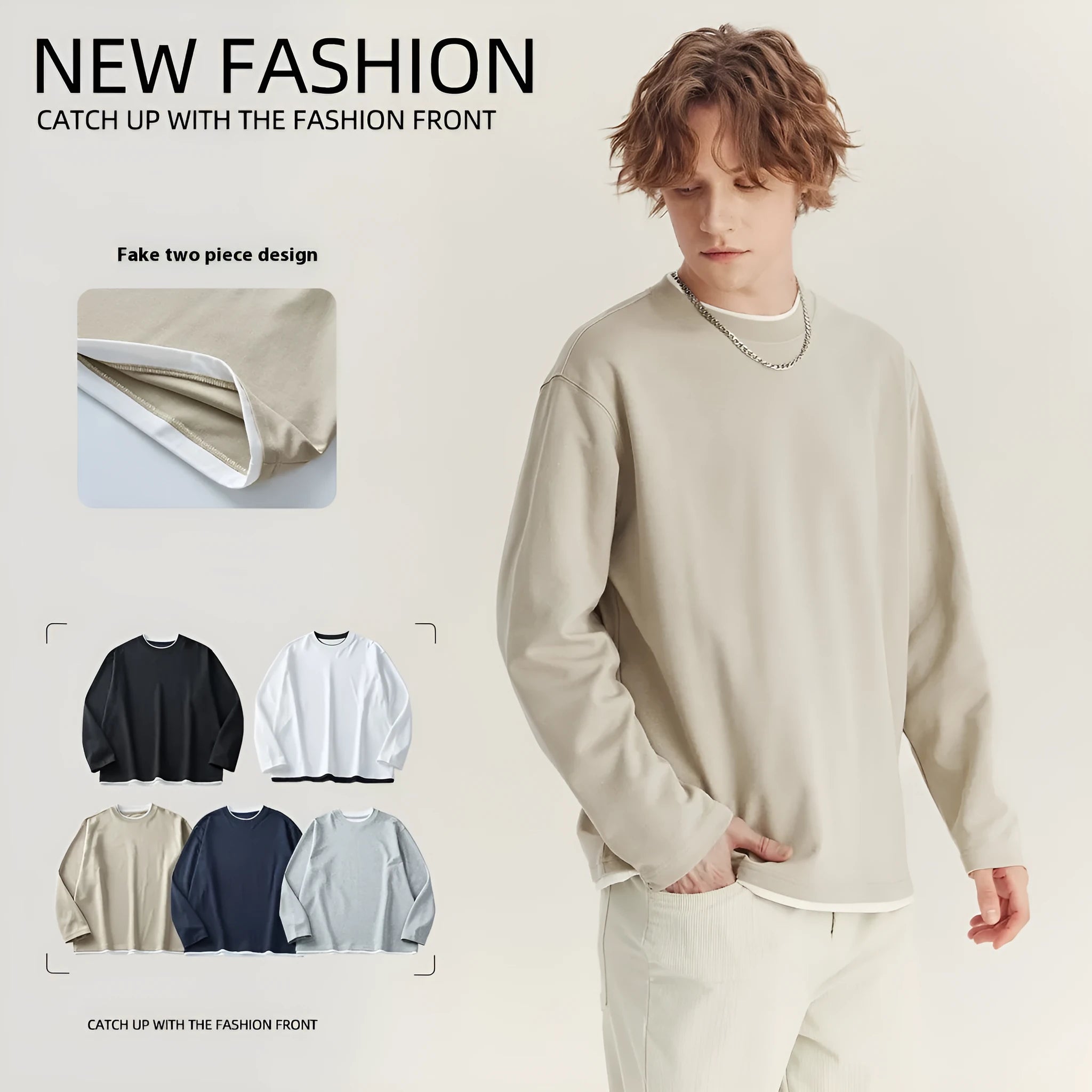 Men's loose-fit long-sleeved casual T-shirt in a solid colour with a round neck.