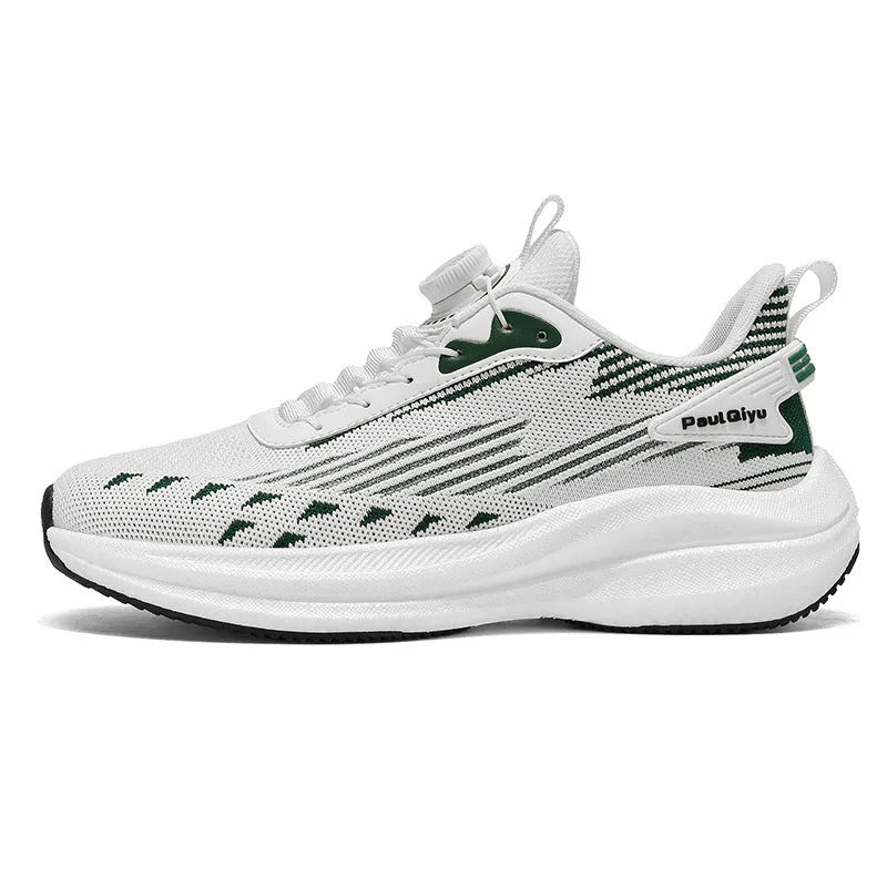 Men's rotating buckle fly-kit mesh sports running shoes in white green colour with low-top design