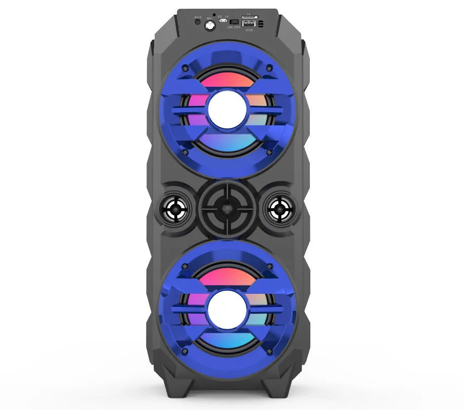 Portable Bluetooth speaker with wireless colour lights and integrated pull rod handle in blue, red, or silver grey
