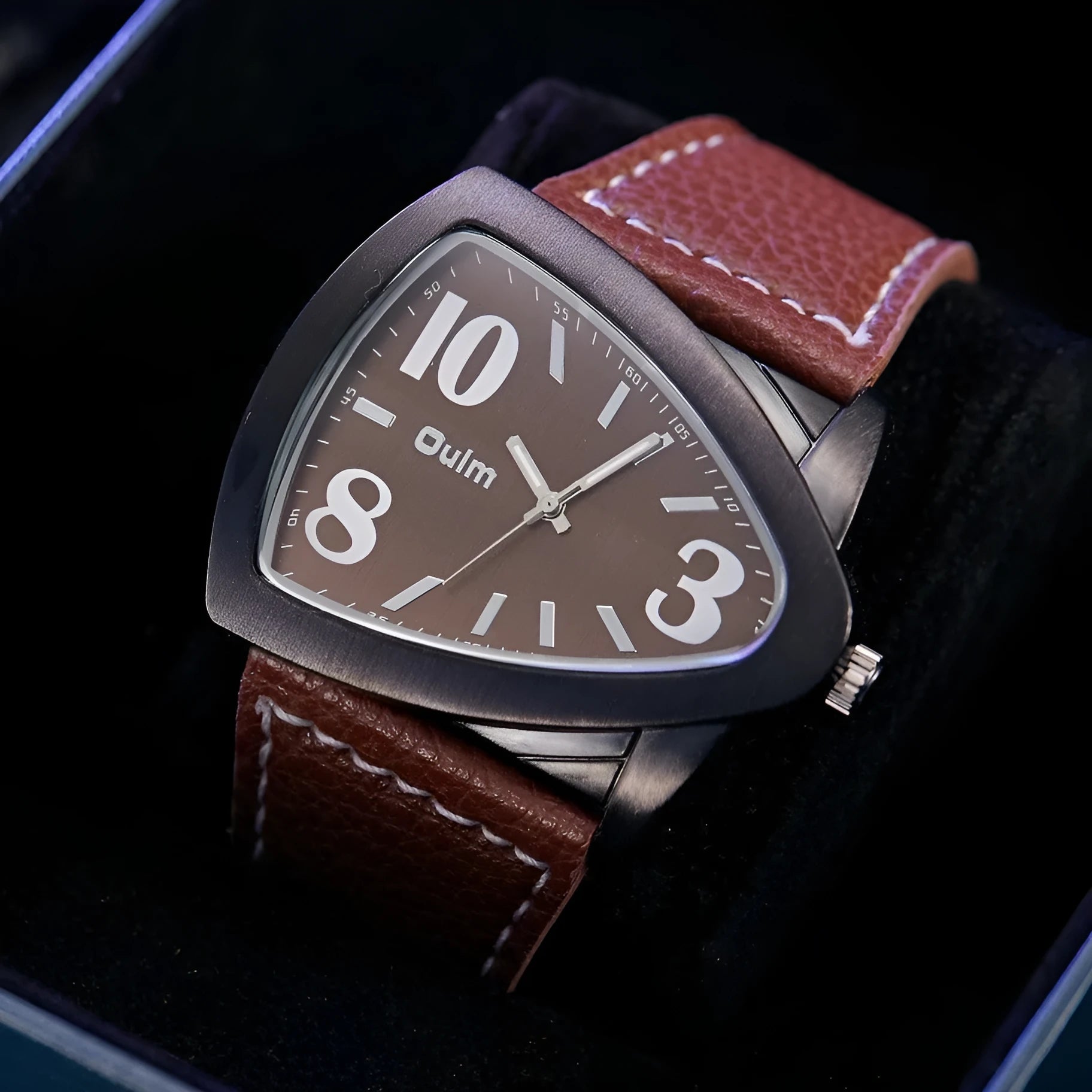 Men's casual quartz watch with triangular belt buckle in brown colour option showing 9mm slim profile