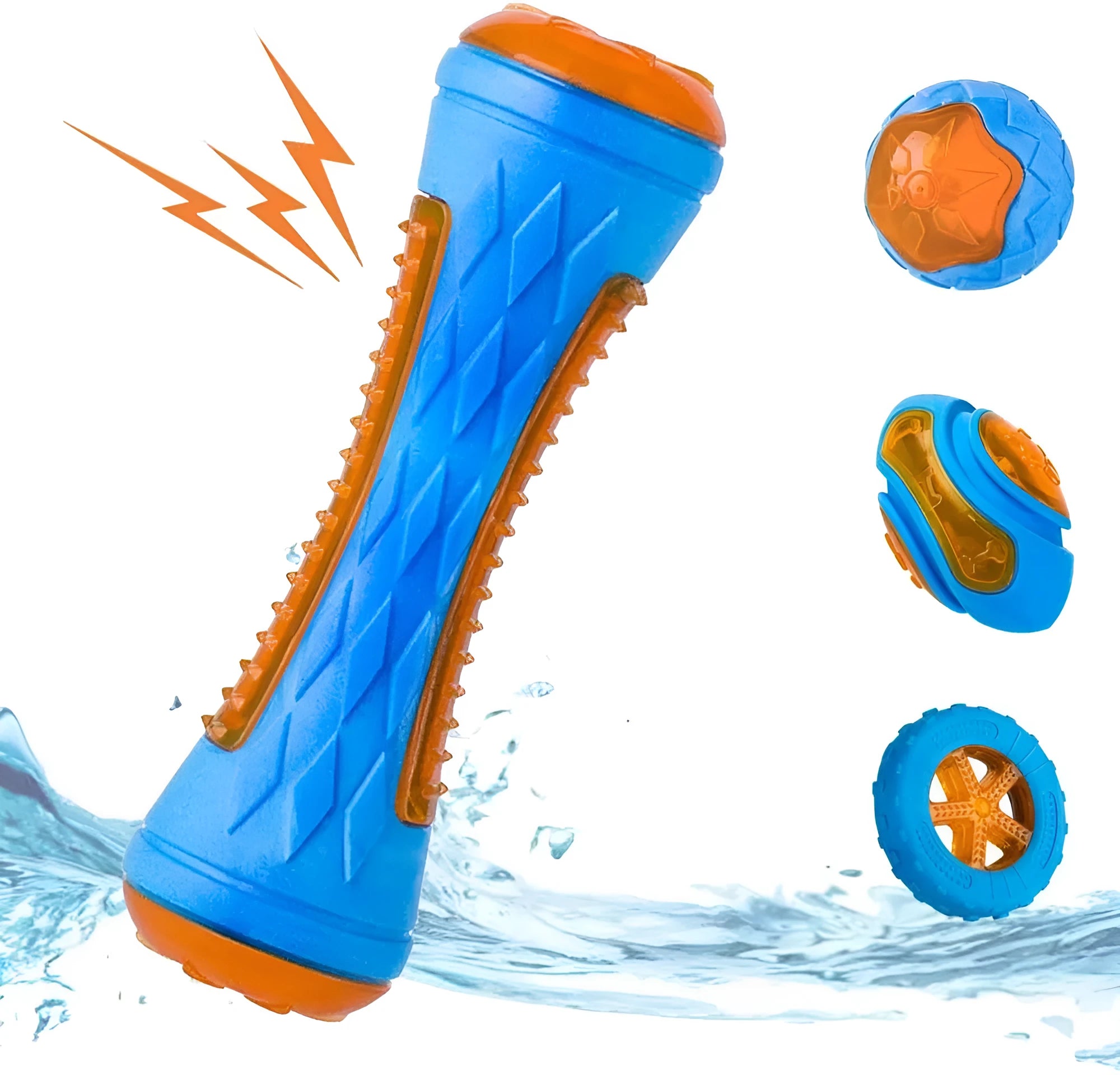 Set of four floating TPR dog toys: a ball, a barbell, and two tires with bumpy textures.
