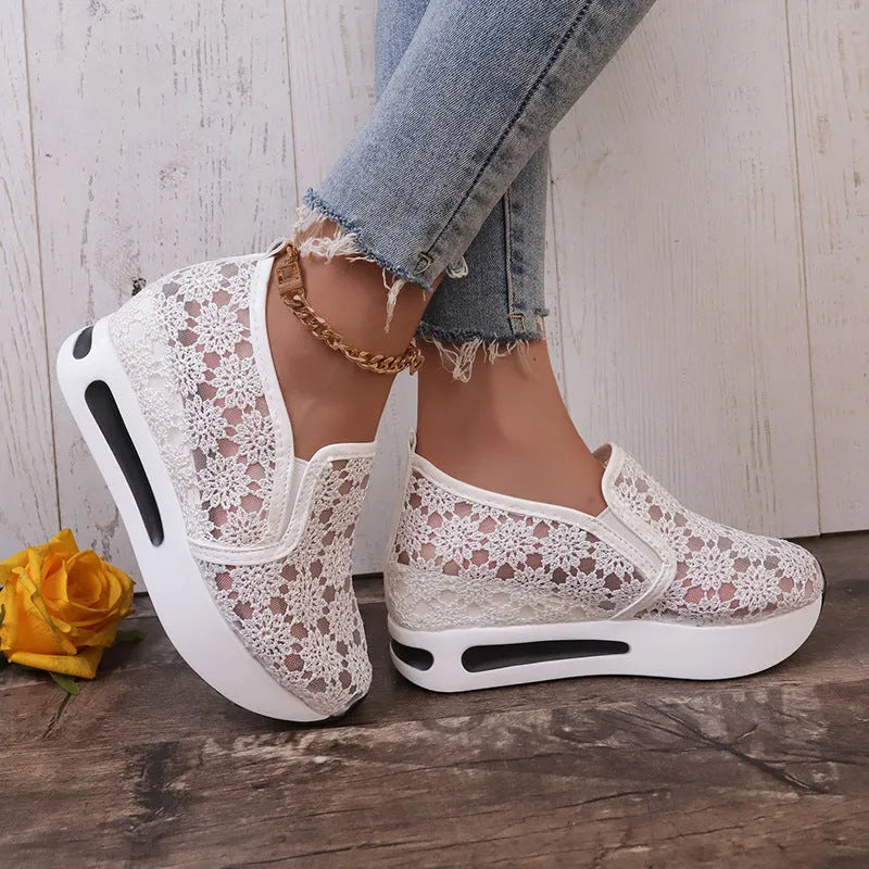 Women's lace mesh flat shoes with inner heightened platform, round toe, satin upper, available in pink and white