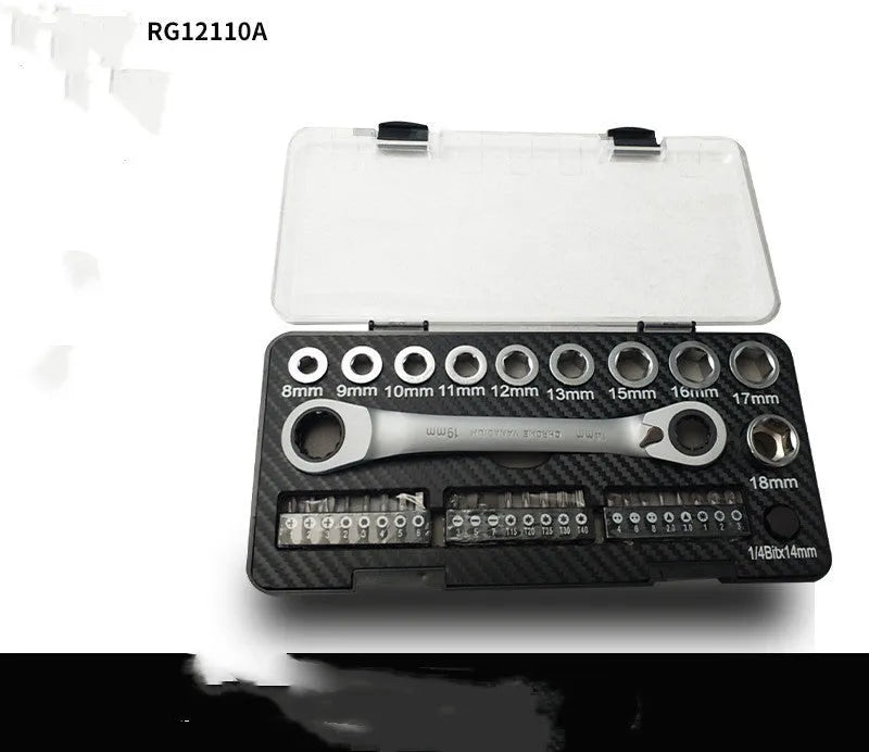 Dual-direction ratchet wrench set with multiple sockets and batch heads arranged for display