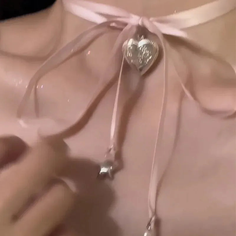 Women's alloy necklace with ribbon love pendant on clavicle chain in electroplated 33colour finish