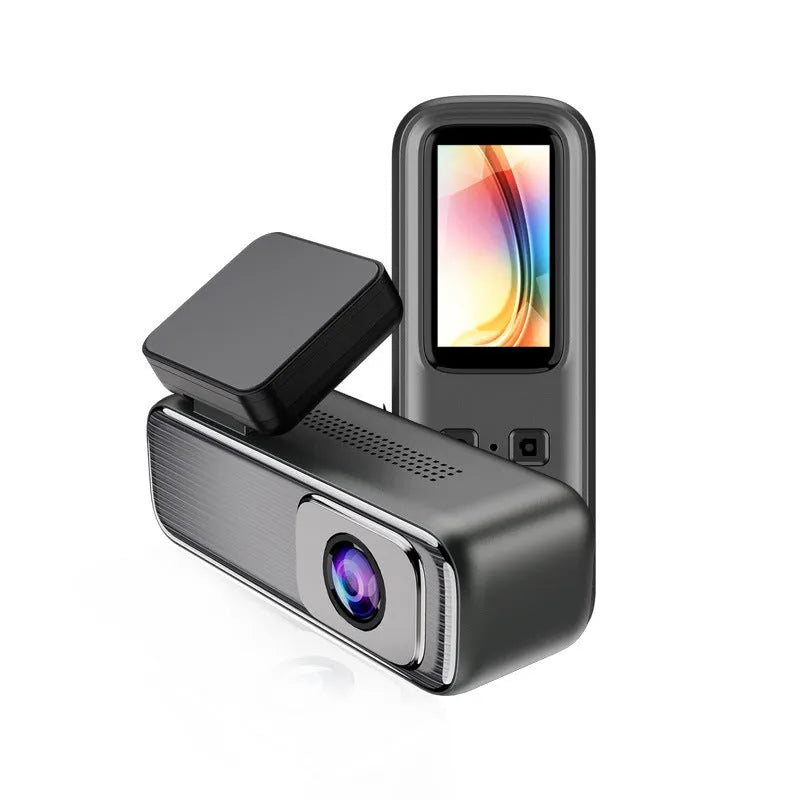 Car dashboard camera with 1.2-inch screen mounted on windscreen, showing WIFI and recording indicators.
