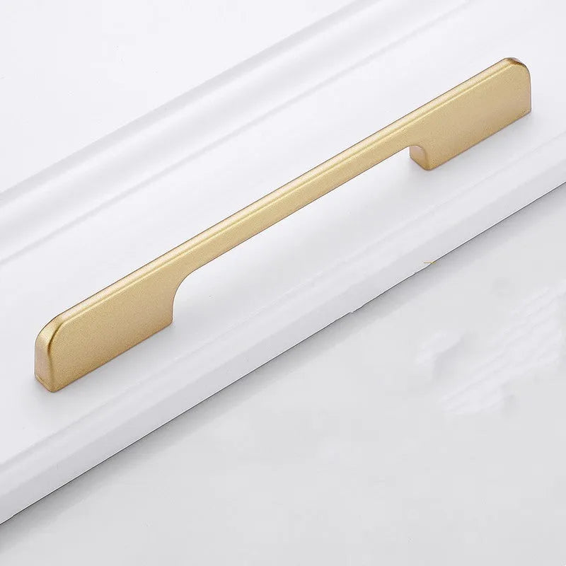 Gold T-shaped aluminium alloy cabinet door handle for single-hole mounting.