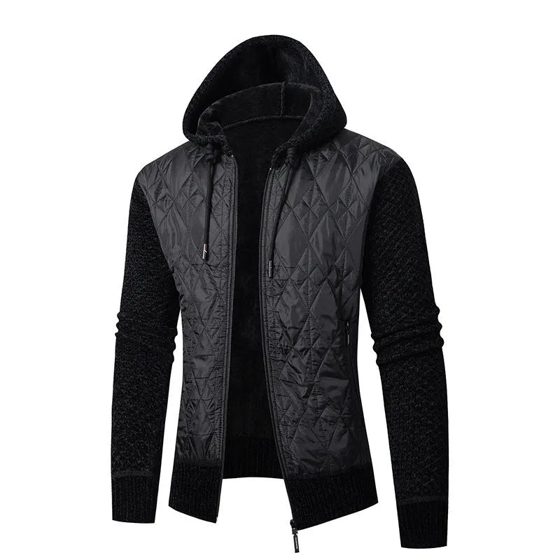 Grey men's hooded corduroy sweater coat with cinched waist, shown on a model.