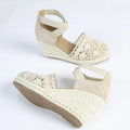Women's apricot and black canvas wedge sandals with Roman style round toe design