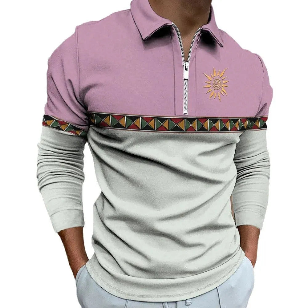 Men's retro colour print casual golf top with zipper decorations and striped pattern on loose-fit long sleeve