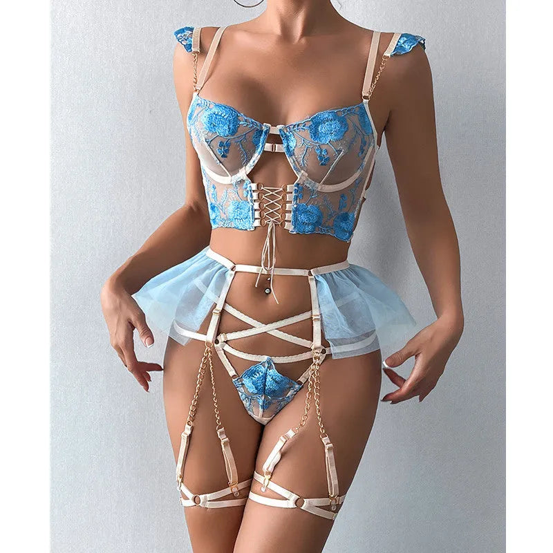 Light blue lace underwear push up bra set with transparent mesh panels