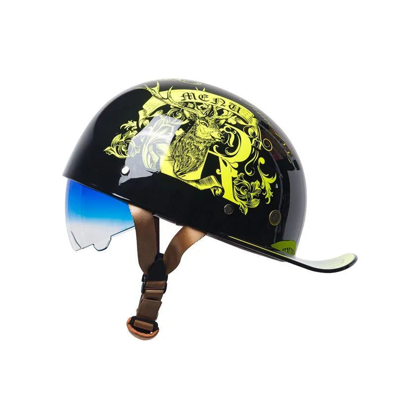 Retro half helmet for electric bicycles in bright black gradient blue with matching lens