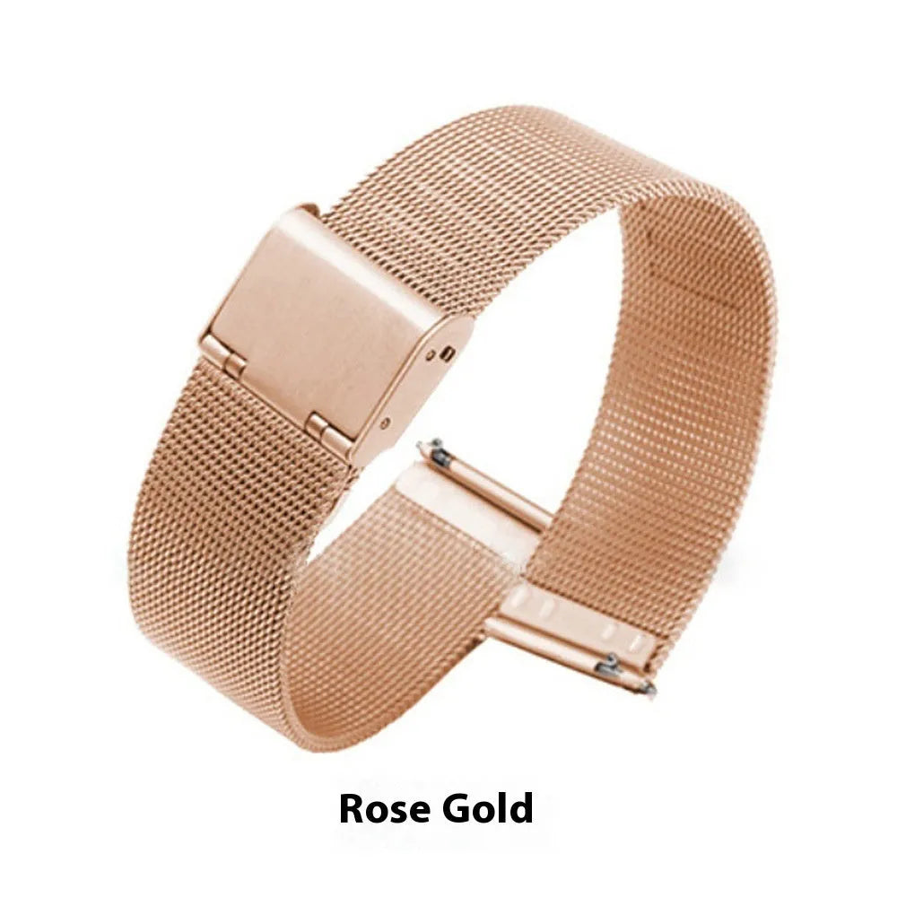 Milani silk woven stainless steel watch strap in silver, black, rose gold, and gold colours showing different width sizes.