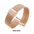 Milani silk woven stainless steel watch strap in silver, black, rose gold, and gold colours showing different width sizes.