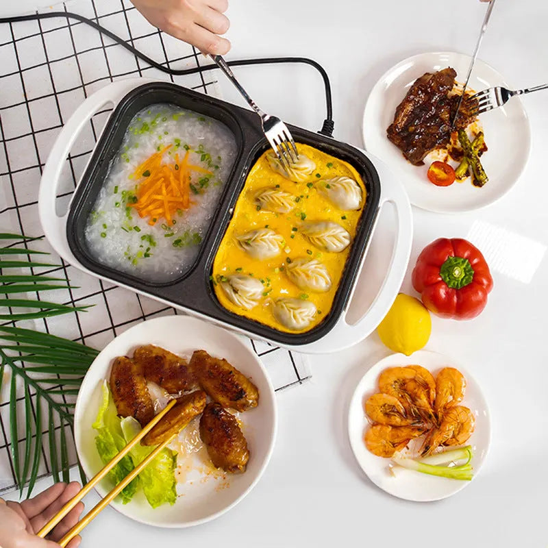 White or green household electric hot pot with mechanical controls, shown with dimensions.