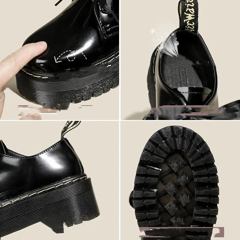 Women's black thick soled leather shoes with cross straps and lace-up closure