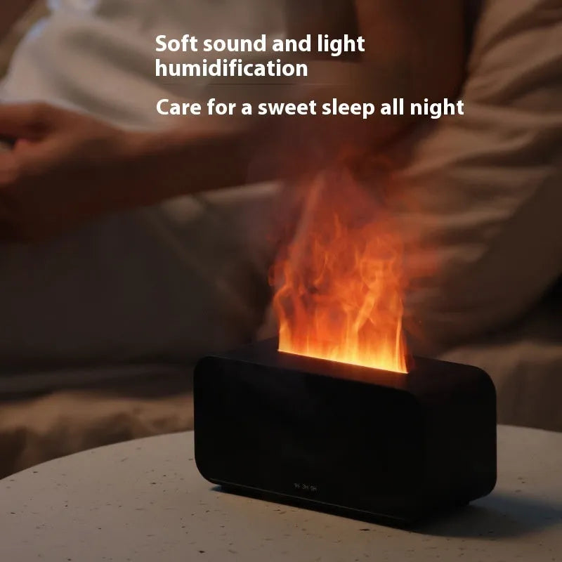 White USB aroma diffuser humidifier with simulated flame and jellyfish smoke ring effects on a table
