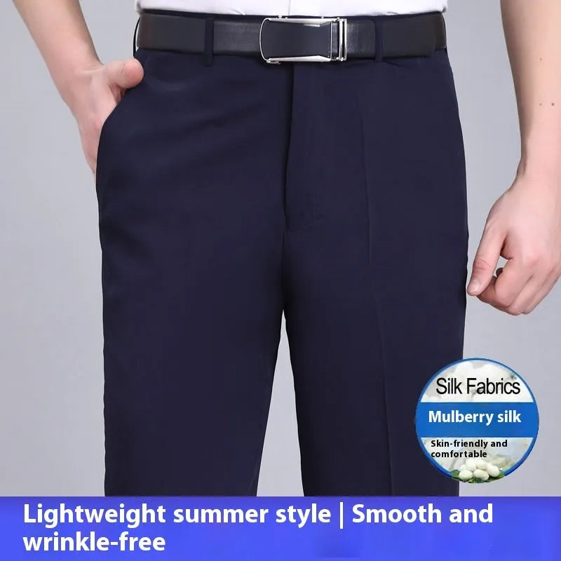 Men's straight-leg suit trousers in a mulberry silk blend fabric, shown in dark blue on a hanger.