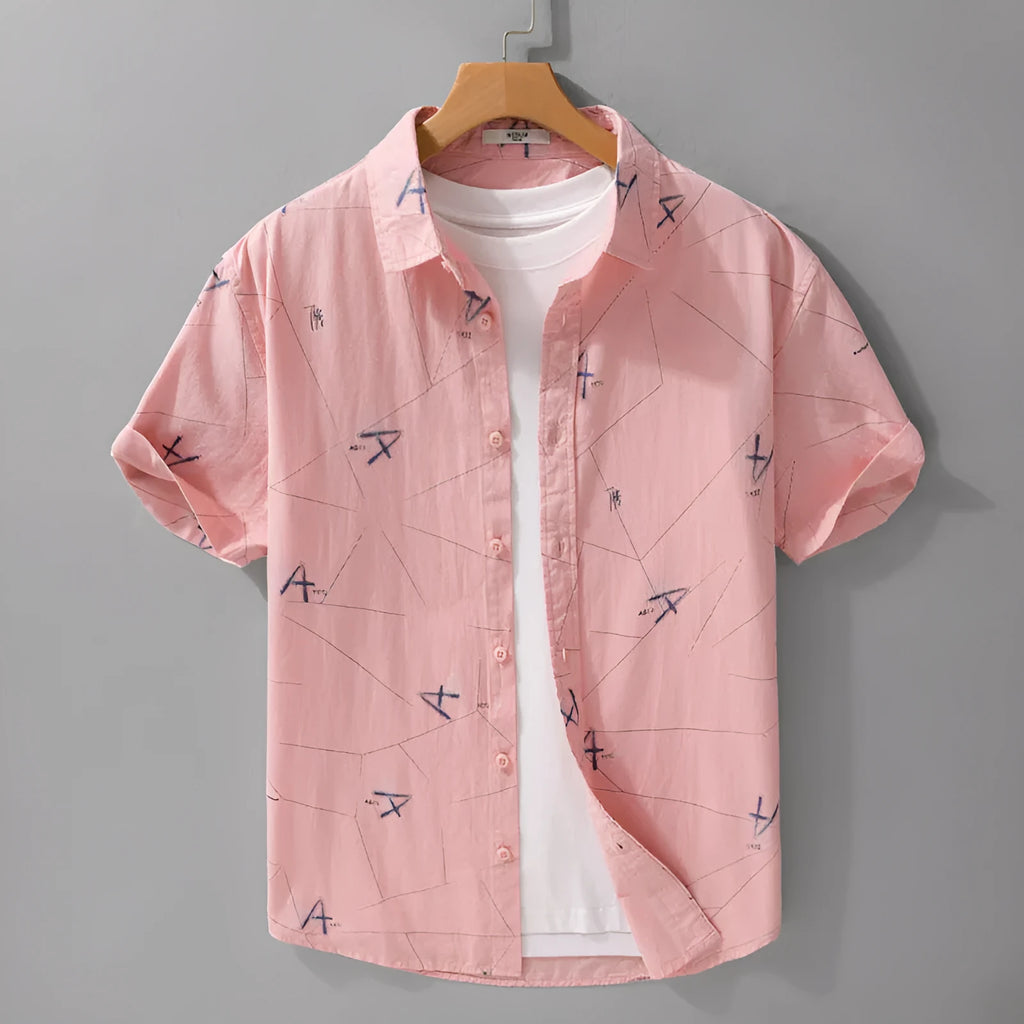 Casual short sleeve shirt in pure cotton with loose cardigan style fit and printed letter design