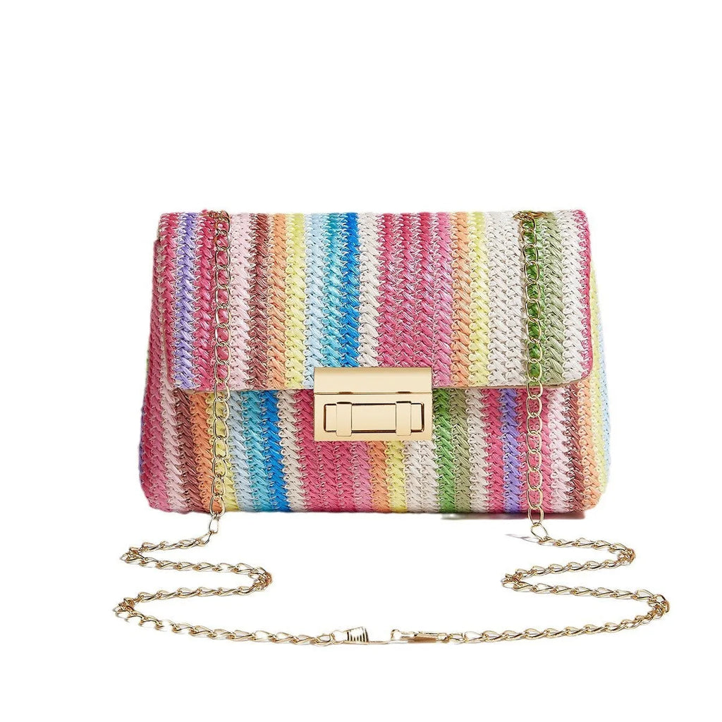 Women's straw cross-body bag with square shape and shoulder strap in rainbow colour