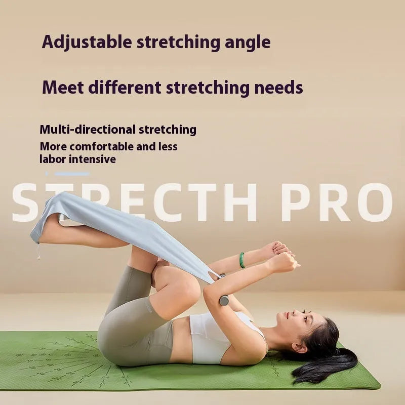 Grey and pink yoga stretching tool for shoulder, back, and hip exercises