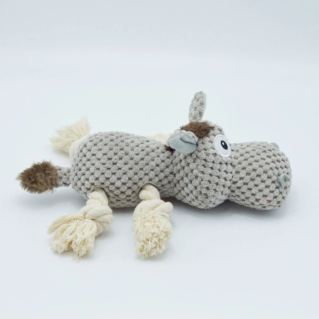 Grey donkey-shaped plush dog toy with creak sound mechanism measuring 27 cm long