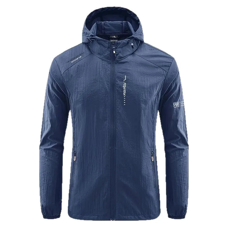 Men's loose-fit light grey nylon hooded jacket for summer outdoor wear.