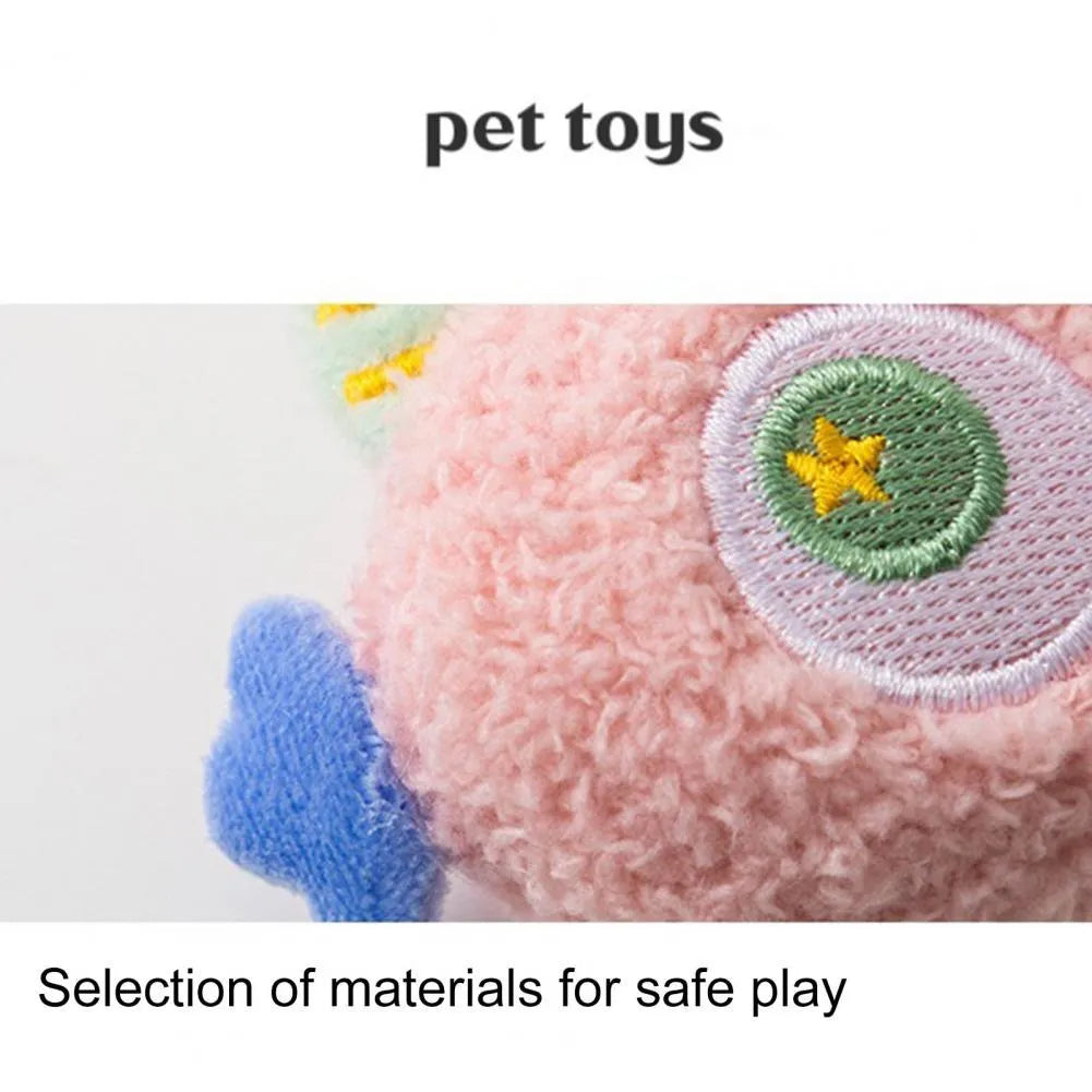 Cartoon-shaped plush dog chew toy with squeaky sound feature in multiple colour options